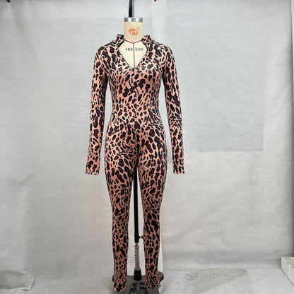 Leopard Print Long Sleeve Zipper Jumpsuit Tight Fit