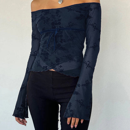 Floral Mesh Off-the-Shoulder Top with Flared Sleeves