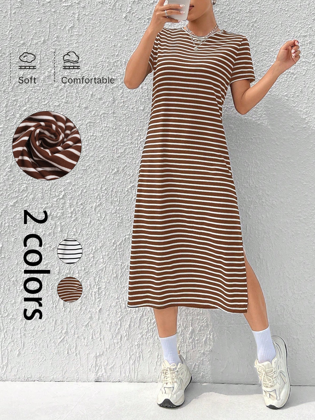 Striped Short-Sleeve T-Shirt Dress with Side Slit