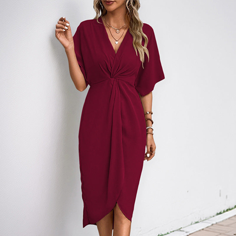 Solid Midi Dress with V-Neck, Dolman Sleeves & Twist Front