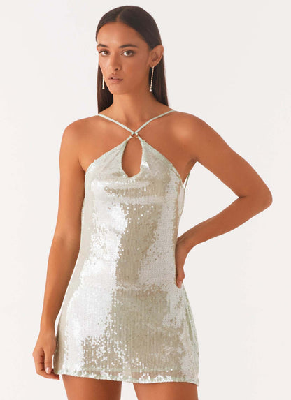 Sequined Mini Slip Dress with Halter Neck and Keyhole Detail