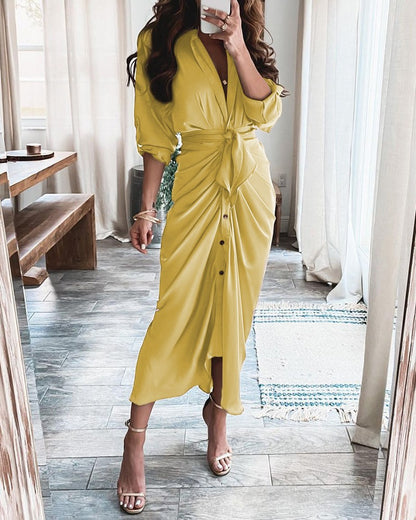 Printed Wrap Midi Dress with Button Front and Tie Waist