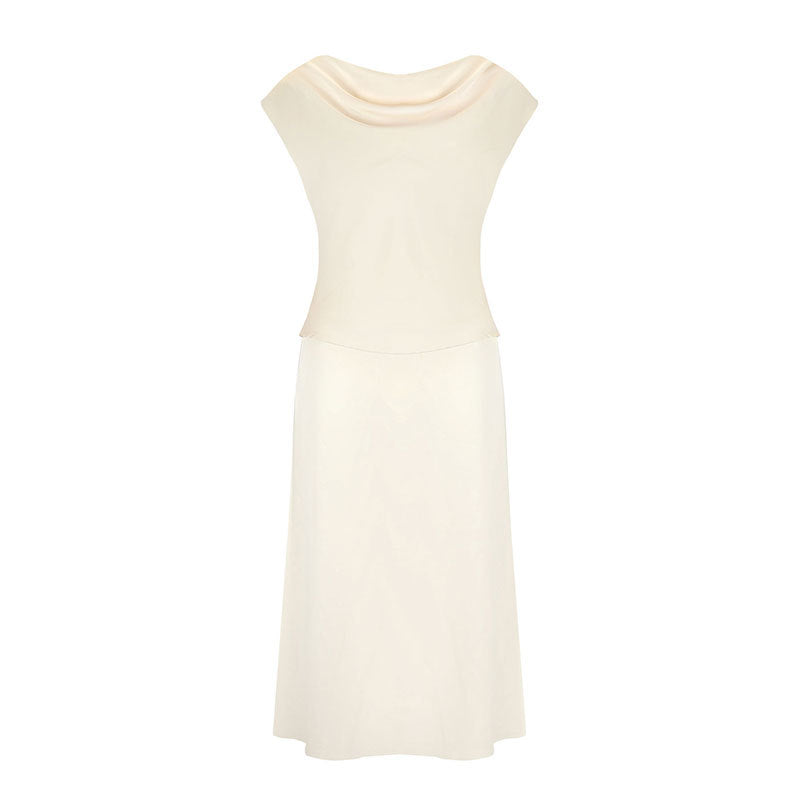 Solid Apricot Satin Skirt Set with Cowl Neck Top and Long Skirt