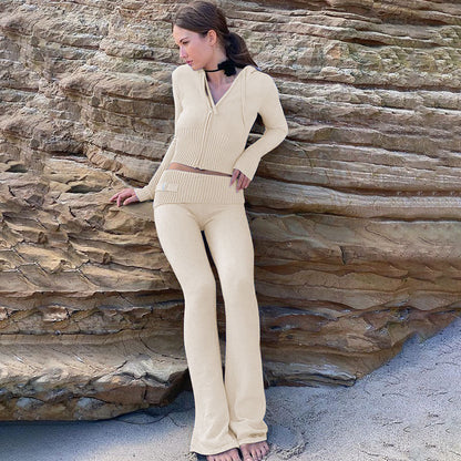 Ribbed Knit Two-Piece Set with Cropped Zip Hoodie and Flare Pants