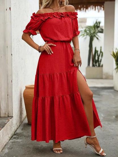Tiered Maxi Dress with Off-Shoulder Ruffle Neckline and Slit