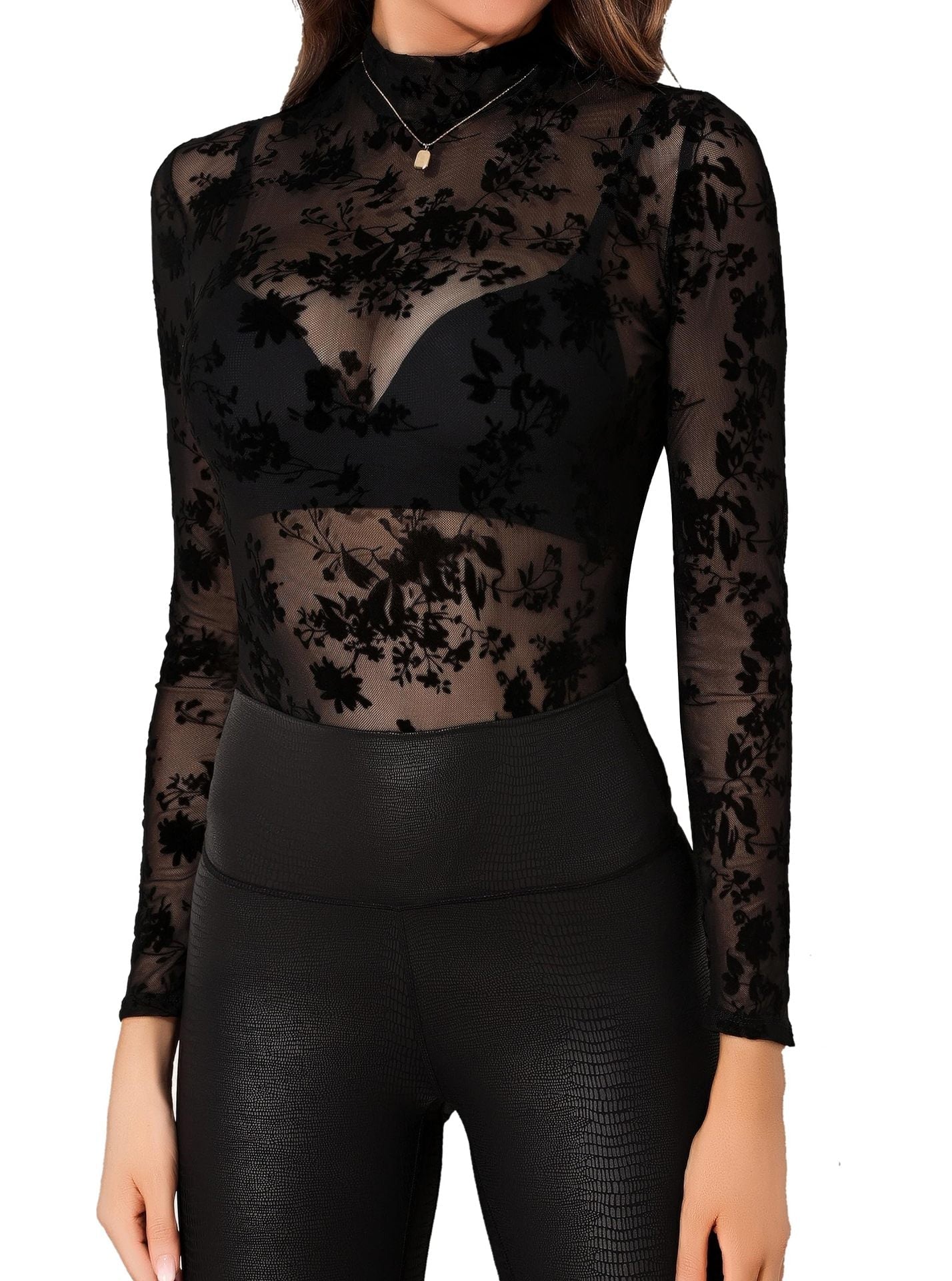 Flocked Floral Mesh Top with Mock Neck and Long Sleeves