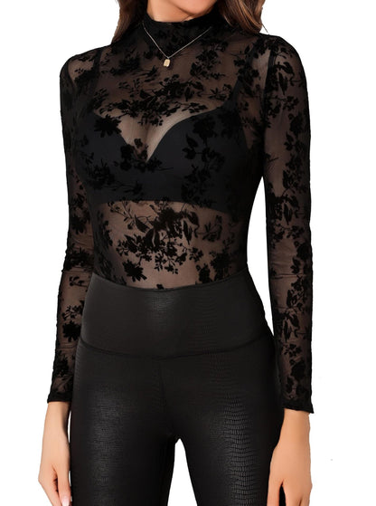 Flocked Floral Mesh Top with Mock Neck and Long Sleeves