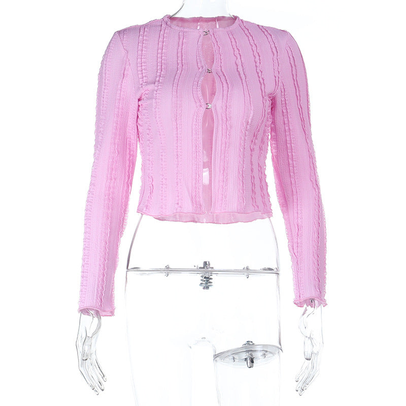 Textured Knit Cardigan with Round Neck and Link Closures