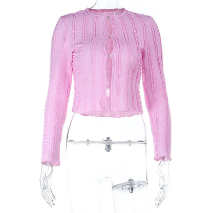 Textured Knit Cardigan with Round Neck and Link Closures