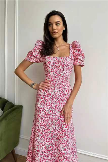 Ditsy Floral A-Line Dress with Square Neck and Puff Sleeves