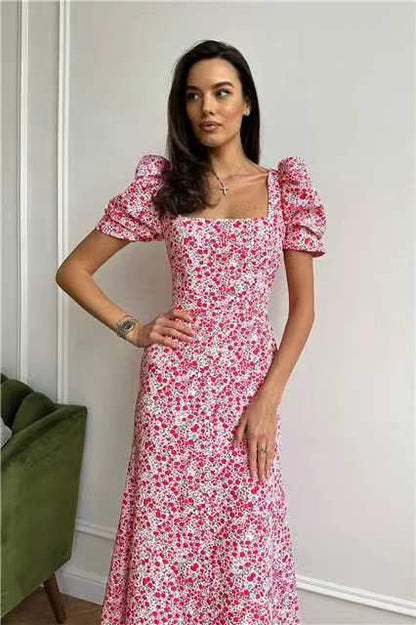 Ditsy Floral A-Line Dress with Square Neck and Puff Sleeves