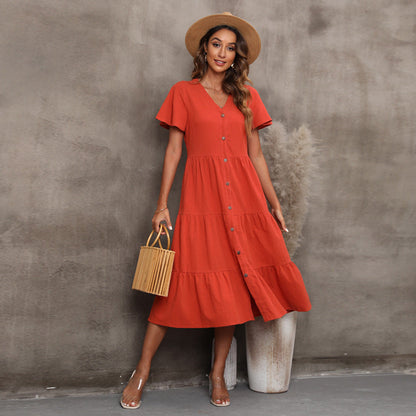 Solid Tiered Midi Dress with V-Neck and Button Front