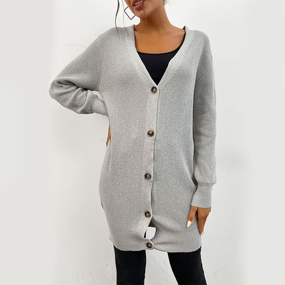 Gray Loose Fit Long Cardigan with Button Front
