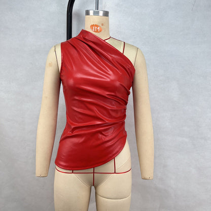 Asymmetrical Slant Neck Faux Leather Top with Ruched Detail