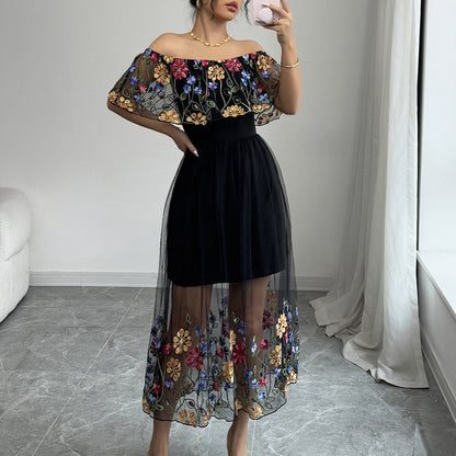 Floral Embroidered Bardot Maxi Dress with Mesh Overlay