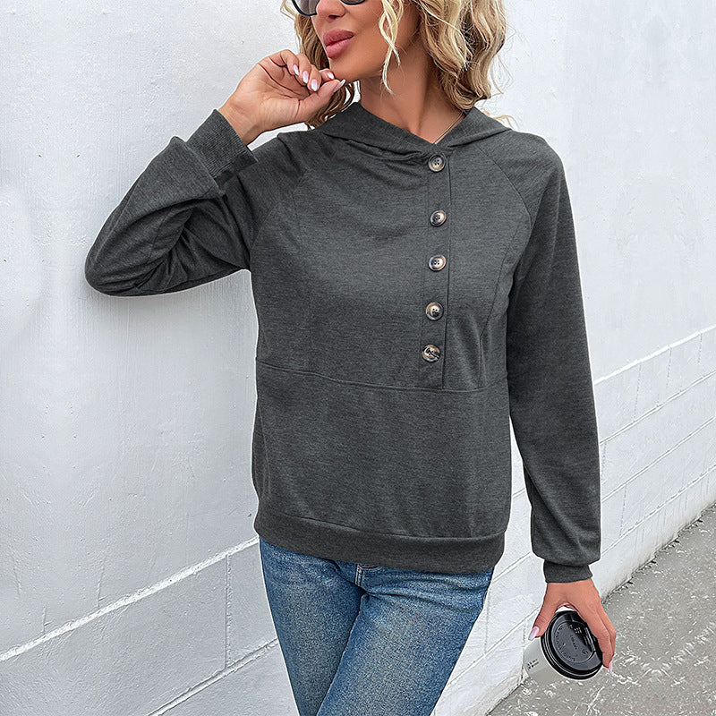 Loose Fit Pullover Hoodie with Henley Button Placket