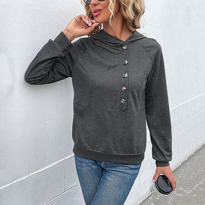 Loose Fit Pullover Hoodie with Henley Button Placket