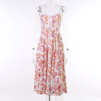 Floral A-Line Midi Dress with Bustier Bodice and Slit