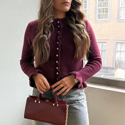 Knit Cardigan with Ruffle Trim and Round Neck