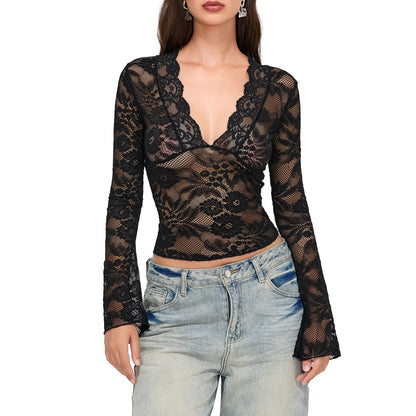 Slim Fit Lace Crop Top with V-Neck and Bell Sleeves
