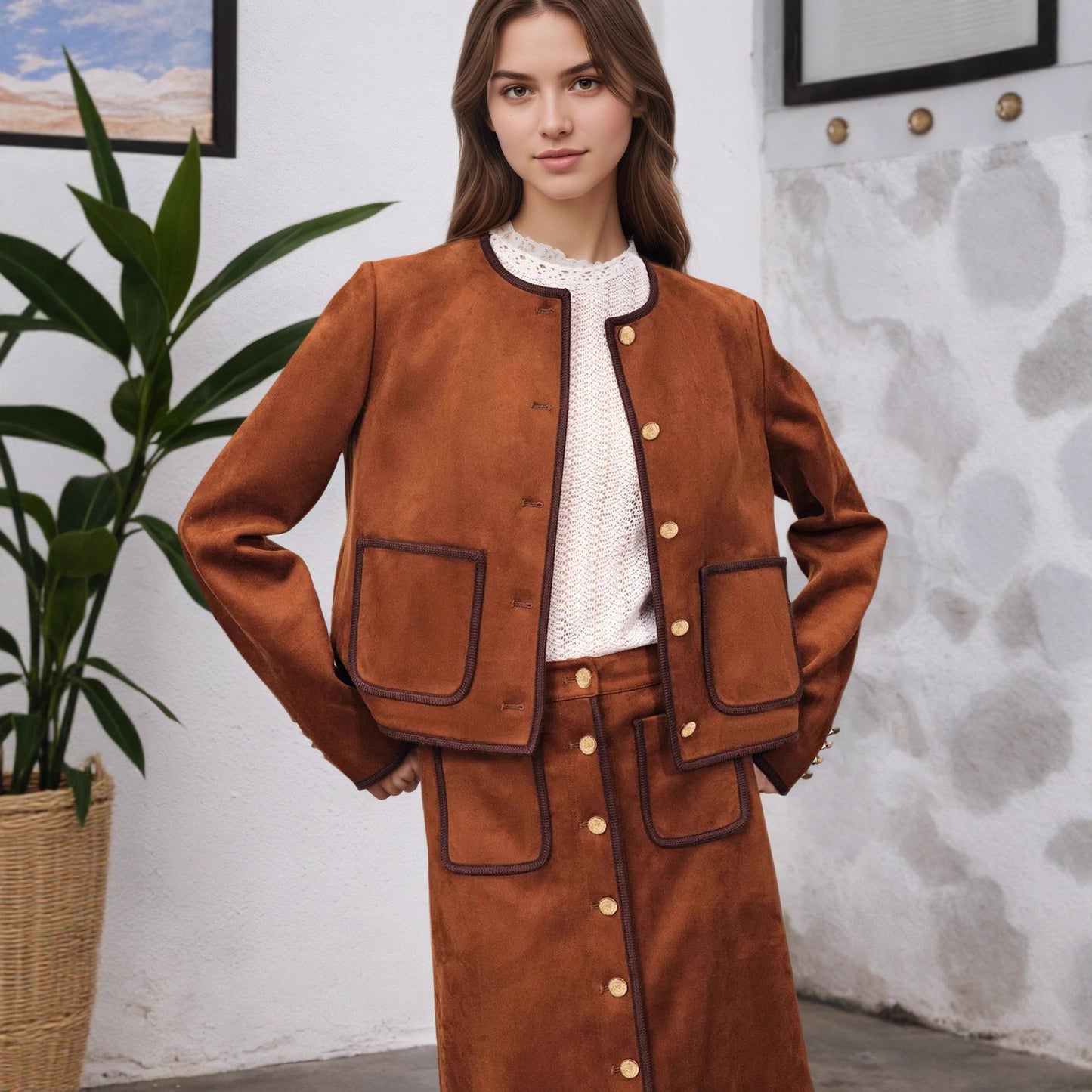 Suede-Look Cropped Jacket & Midi Skirt Set with Piping Trim
