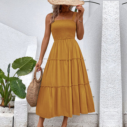 Solid A-Line Midi Dress with Smocked Bodice & Tiered Skirt
