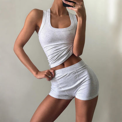 Solid Ribbed Knit Square Neck Tank and Boxer Shorts Loungewear Set