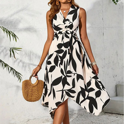 Sleeveless Leaf Print Midi Dress with Twist Waist