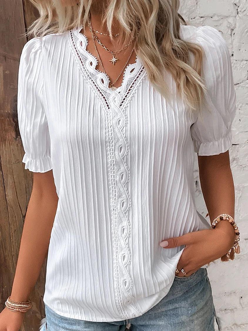 Pleated Short-Sleeve Blouse with Lace V-Neck