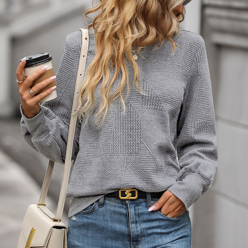 Long-Sleeved Jacquard Knit Sweatshirt with Round Neck