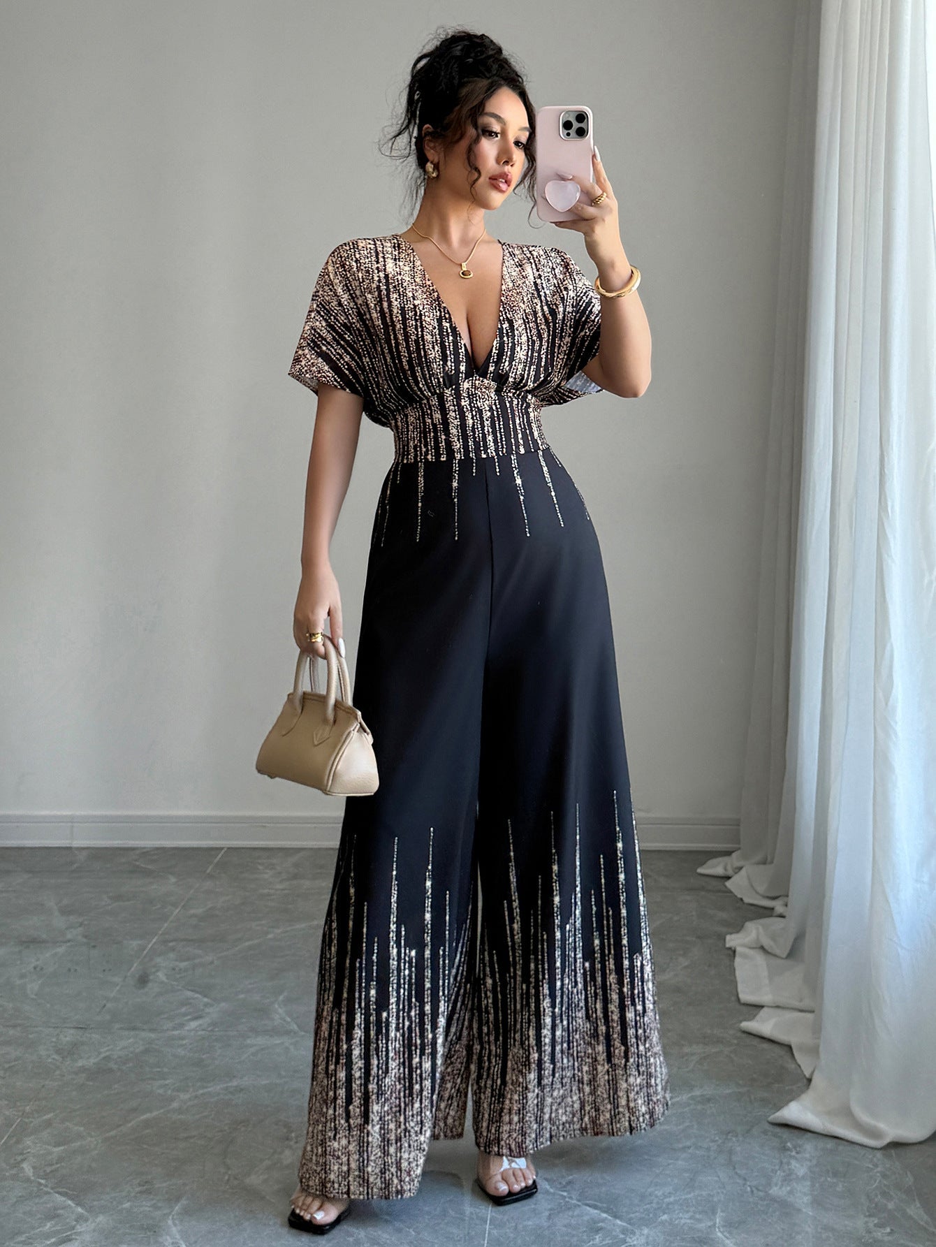 Wide-Leg Jumpsuit with Deep V-Neck and Metallic Streak Print