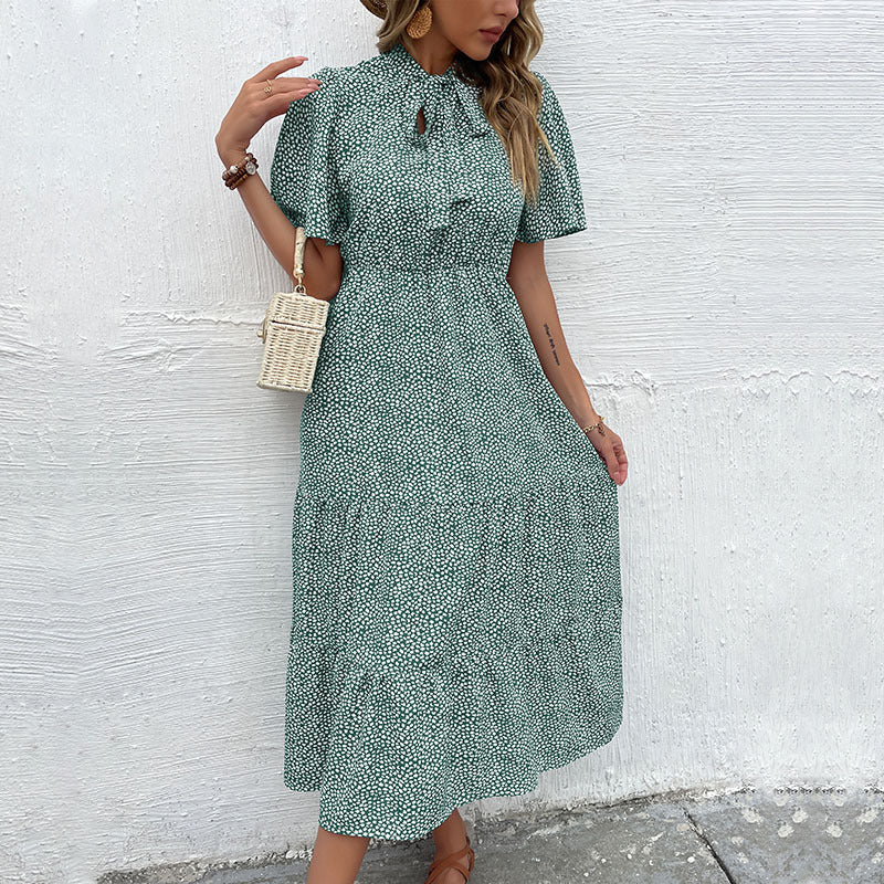 Ditsy Print Tiered Midi Dress with Tie-Neck and Flutter Sleeves