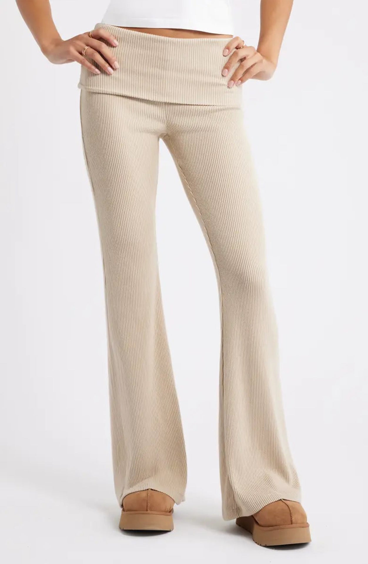 Ribbed Knit Flared Pants with Fold-Over Waistband