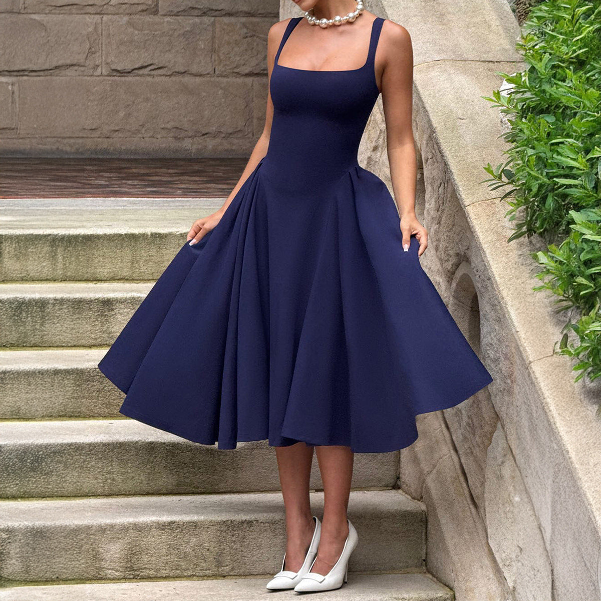 A-Line Midi Dress with Square Neckline and Wide Straps