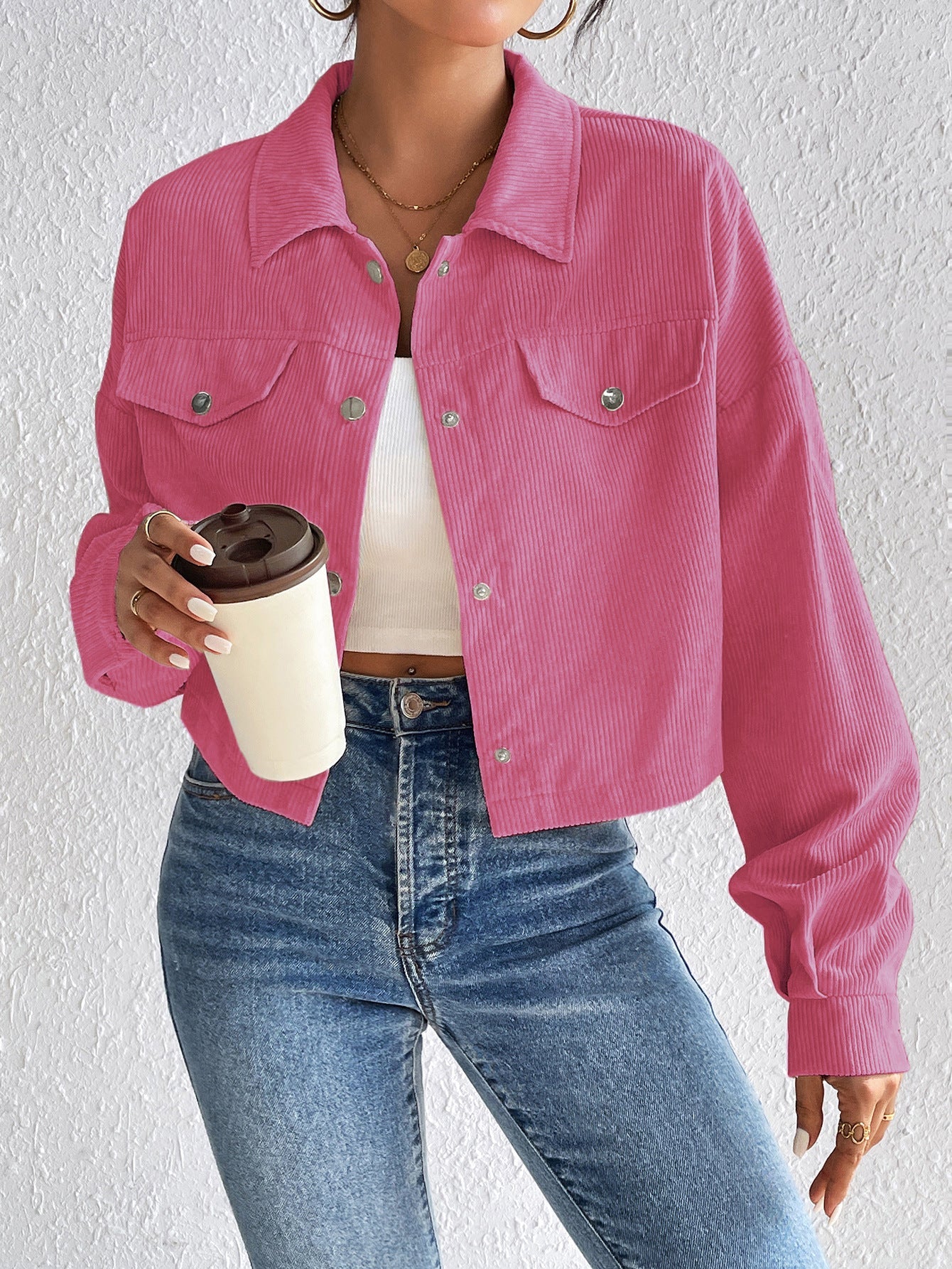 Cropped Corduroy Jacket with Button Front and Chest Pockets