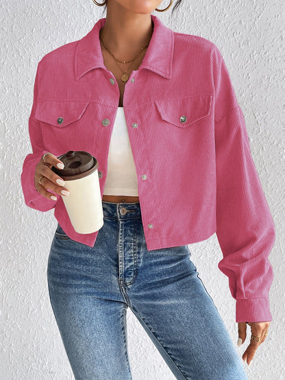 Cropped Corduroy Jacket with Button Front and Chest Pockets