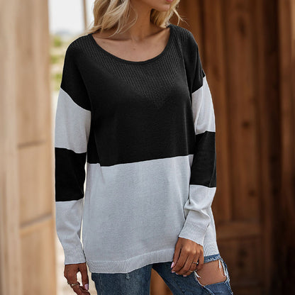 Color-Block Striped Knit Sweater with Pointelle V-Detail