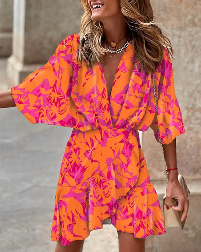 Printed Wrap Mini Dress with V-Neck and Bat Sleeves