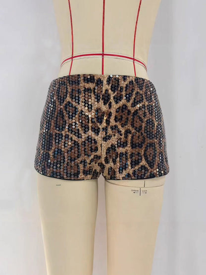 Leopard Print Sequined Hot Pants with Low-Rise Waist