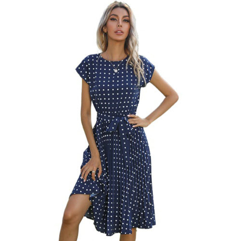 Polka Dot A-Line Midi Dress with Cap Sleeves and Tie Waist