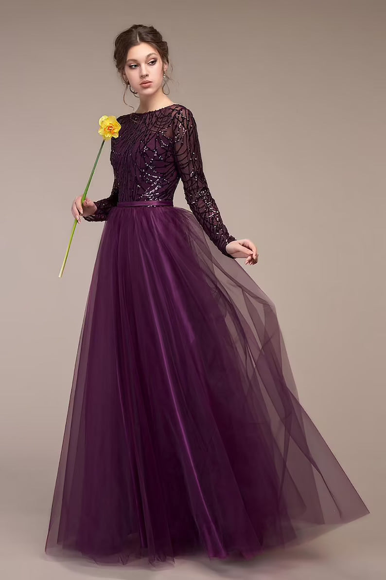 Sequined Maxi Dress with Long Sleeves and Tulle Skirt