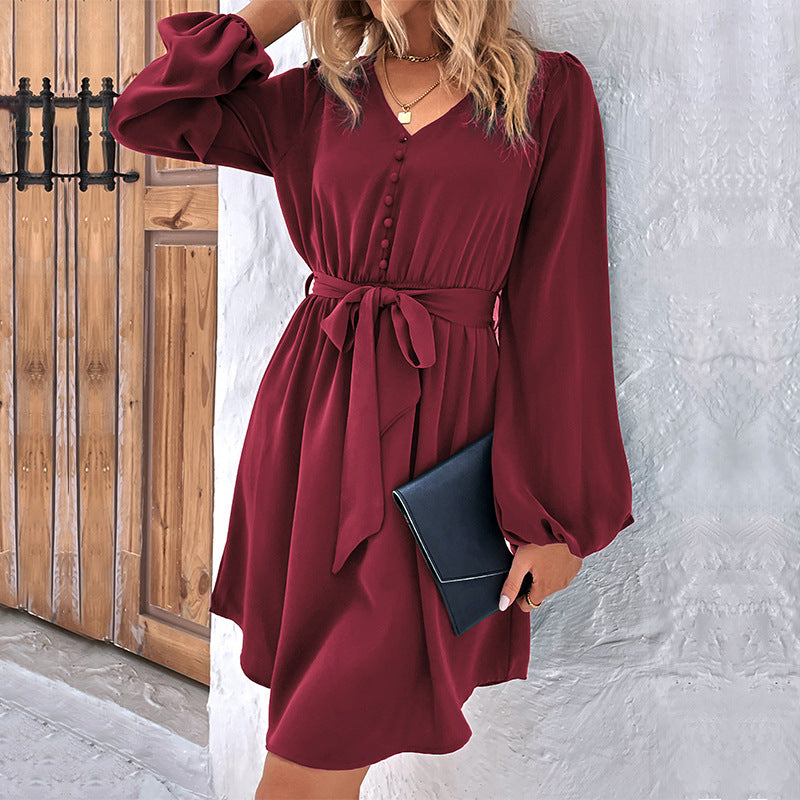 Solid A-Line Mini Dress with V-Neck and Tie Waist