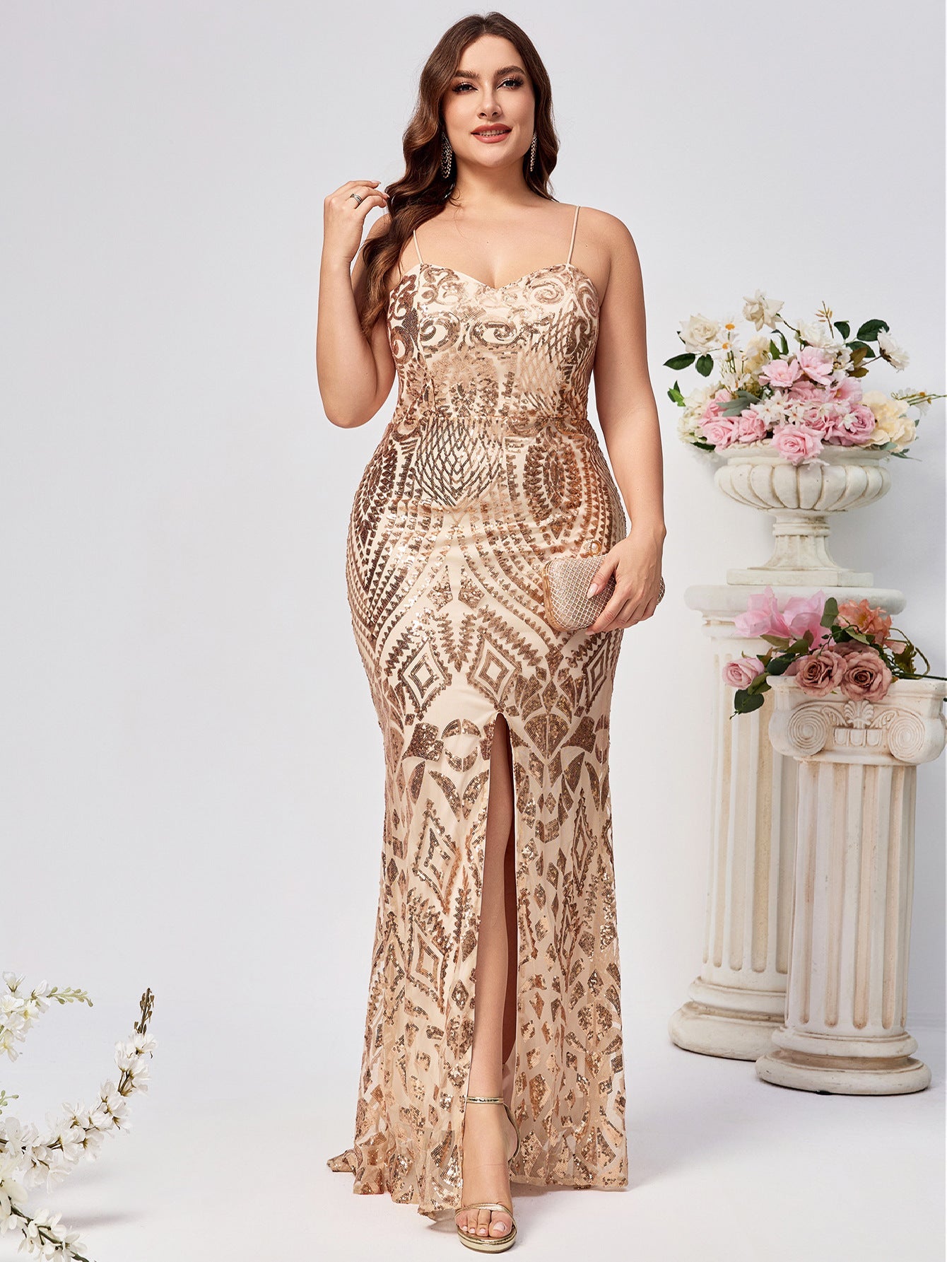 Geometric Sequined Sheath Maxi Dress with Sling Neck and Slit