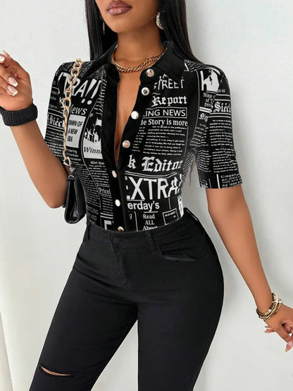 Newspaper Print Short Sleeve Shirt with V-Neck