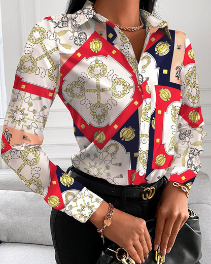 Scarf Print Long Sleeve Button-Down Shirt with Lapel