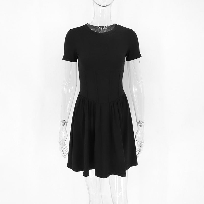 A-Line Crewneck Mini Dress with Corset Waist Detail