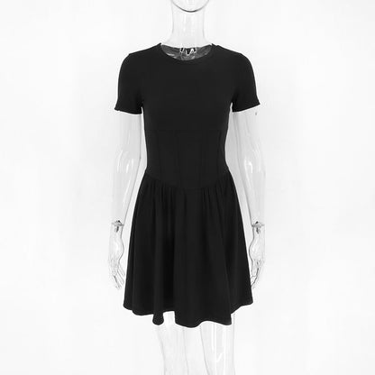 A-Line Crewneck Mini Dress with Corset Waist Detail