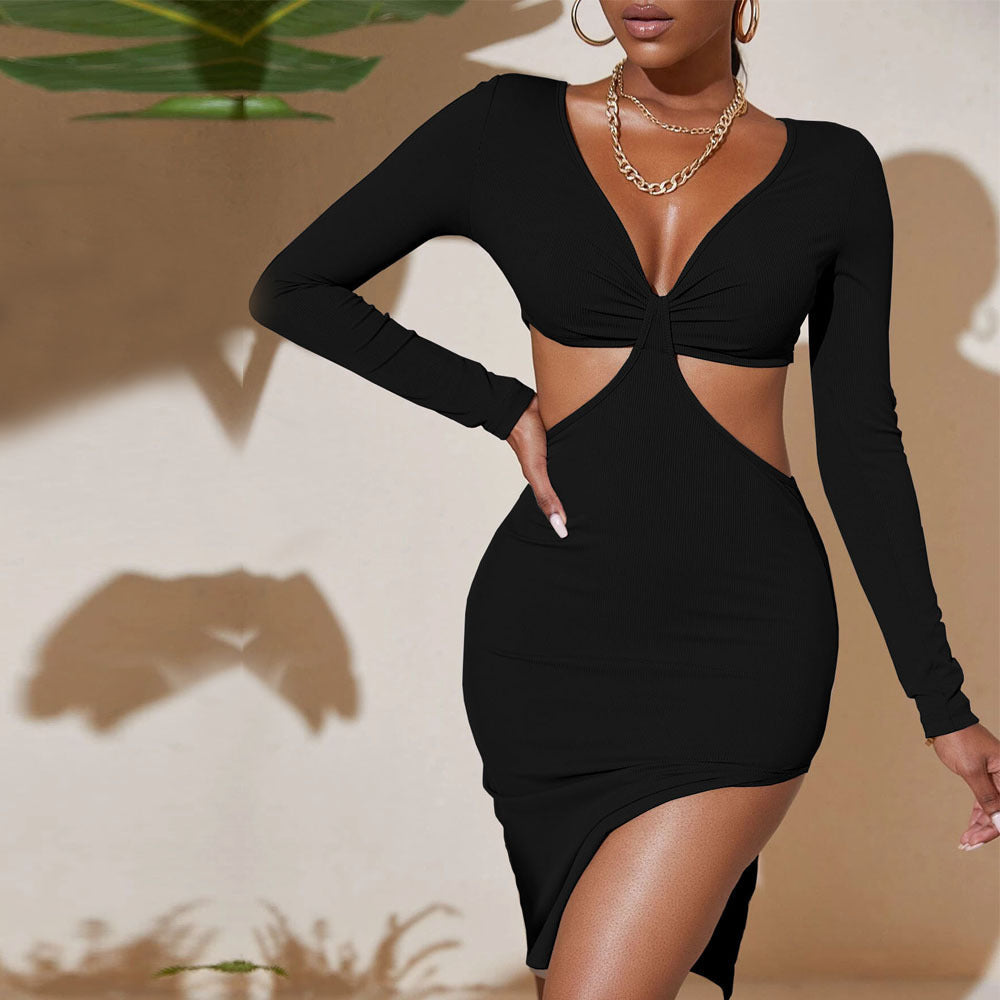 Ribbed Bodycon Midi Dress with Hollow-Out Waist and V-Neck