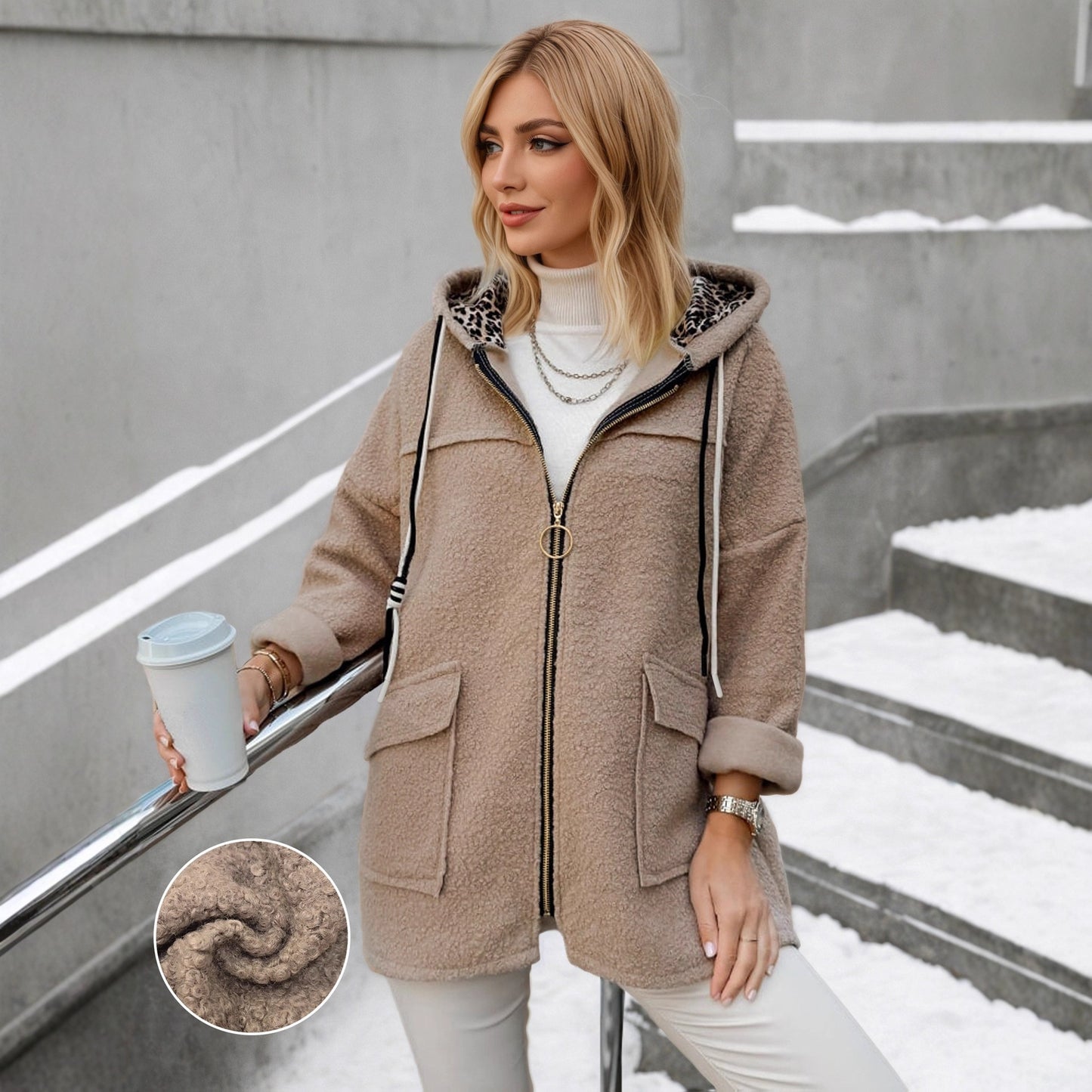 Oversized Hooded Teddy Fleece Coat with Zip Front and Pockets