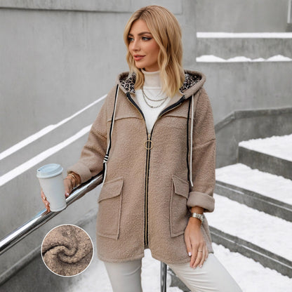Oversized Hooded Teddy Fleece Coat with Zip Front and Pockets